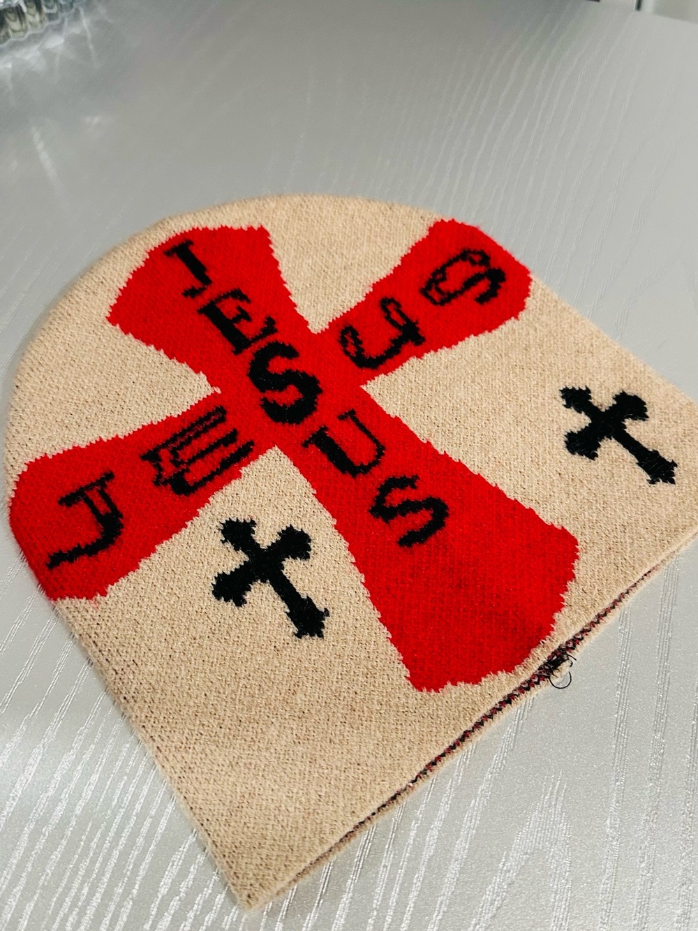 Jesus acrylic knit beanie with red cross and black crosses